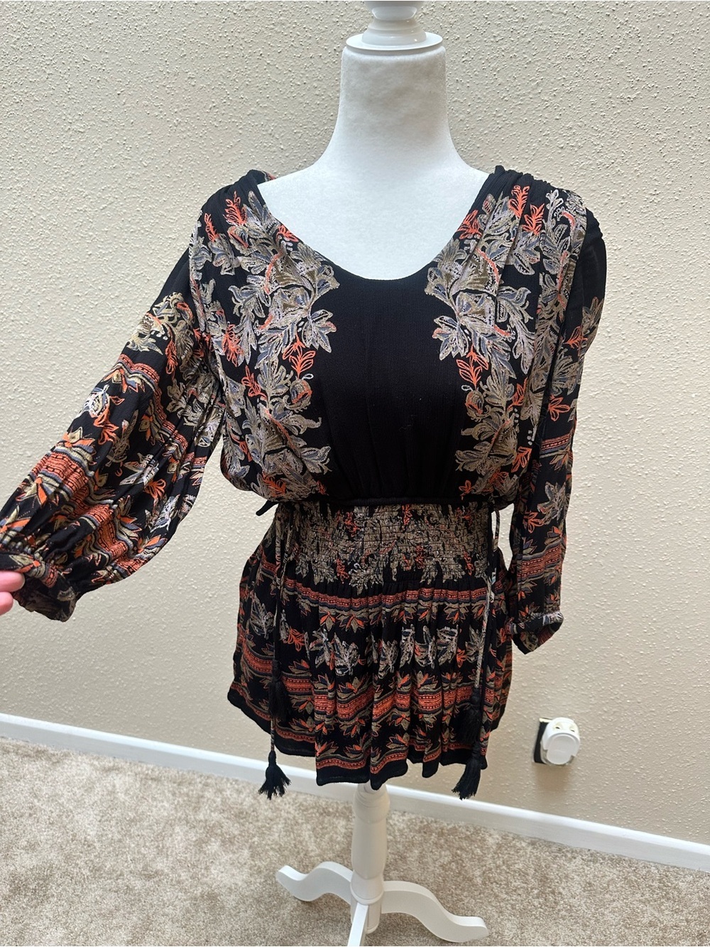 Free People Cinched Balloon Sleeve Mini Dress Black Whimsigoth Floral Sz M Boho